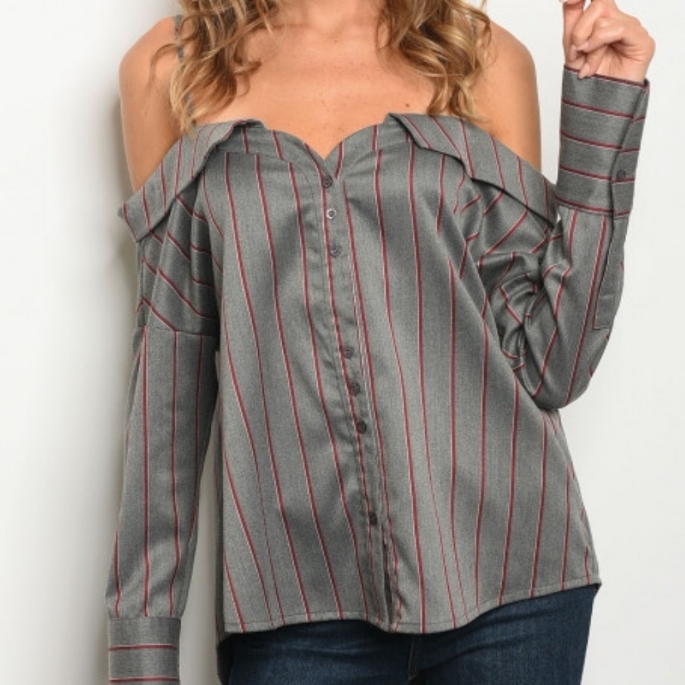 Grey Wine Stripes Off Shoulder Top